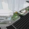 Modern Urban Landscape Design Around Buildings With Green Plants Water Features And Walkways