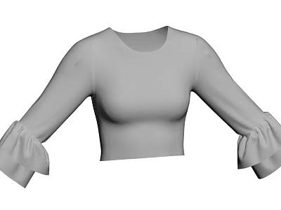Fashionable Gray Crop Top Featuring Round Neck Long Sleeves And Ruffled Cuffs 3d model