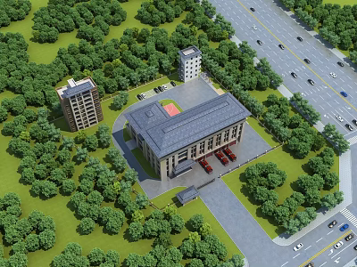 Bird's Eye View Planning Layout with Buildings Green Spaces Roads and Parking Areas 3d model
