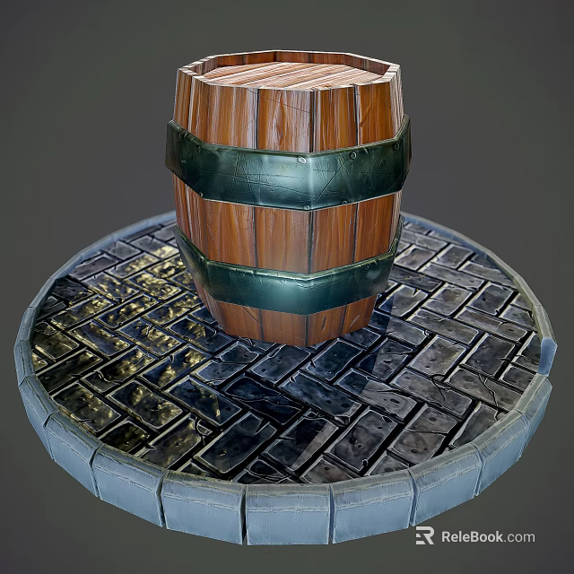 Decorative Ornament Set Featuring Wooden Barrel With Green Metal Hoops On Circular Brick Floor 3d model 