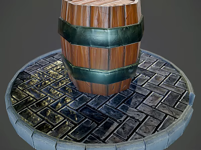 Decorative Ornament Set Featuring Wooden Barrel With Green Metal Hoops On Circular Brick Floor 3d model