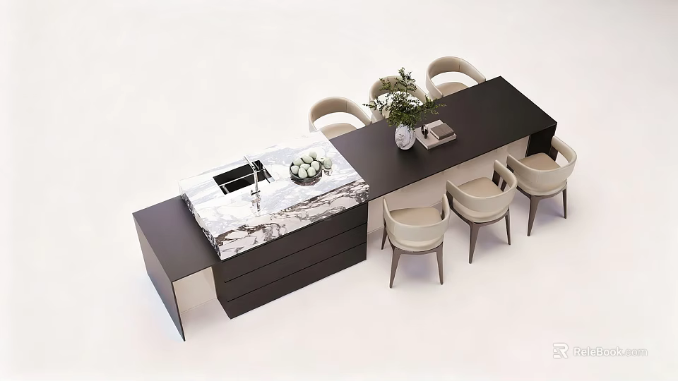 Modern Kitchen Interior Design With Black Marble Island And Light Chairs Plant 3d model 