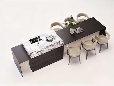 Modern Kitchen Interior Design With Black Marble Island And Light Chairs Plant 3d model