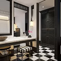Hotel Room Interior With Striped Sofa Wooden Floor Decorative Lamps And Wall Frames