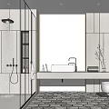 Modern Bathroom Interior Featuring Open Glass Shower Large Mirror Grey Patterned Tiles And Toilet