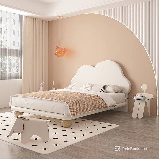 Kids Room Interior Design With Cloud Shaped Headboard White Bed And Orange Cloud Pendant Light 3d model 