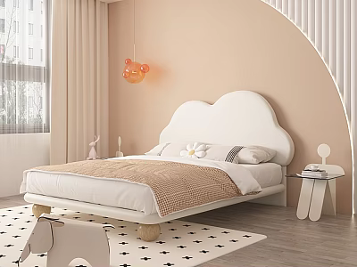 Kids Room Interior Design With Cloud Shaped Headboard White Bed And Orange Cloud Pendant Light 3d model