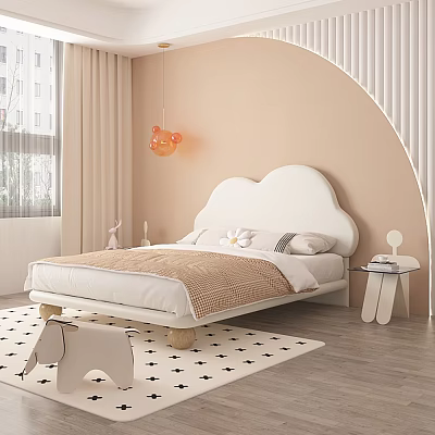 Kids Room Interior Design With Cloud Shaped Headboard White Bed And Orange Cloud Pendant Light 3d model