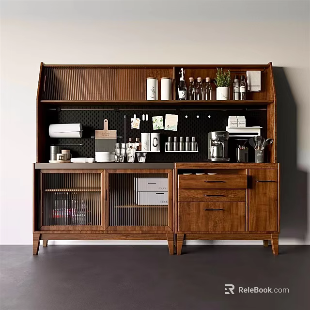 Modern Wooden Sideboard Design with Open Shelves Drawers Cabinets and Plants 3d model 