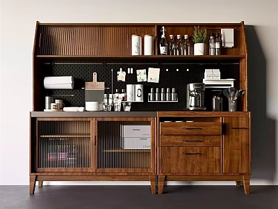 Modern Wooden Sideboard Design with Open Shelves Drawers Cabinets and Plants 3d model