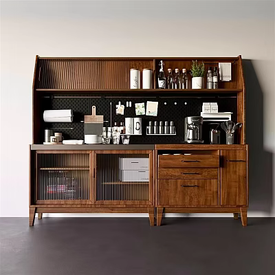 Modern Wooden Sideboard Design with Open Shelves Drawers Cabinets and Plants 3d model