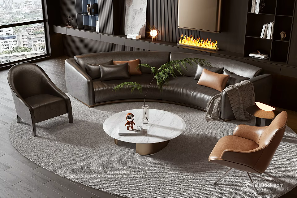 Modern Leather L-shaped Sofa and Coffee Table Set With Round Marble Top and Accent Chairs 3d model 