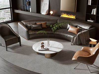 Modern Leather L-shaped Sofa and Coffee Table Set With Round Marble Top and Accent Chairs 3d model