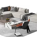 Light L Shaped Sofa and Coffee Table Set with Marble Top Cushions and Throw Blanket 3d model
