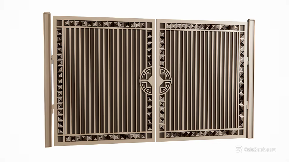 Ornate Metal Gate Featuring Geometric Patterns And Central Carved Circle Motif 3d model