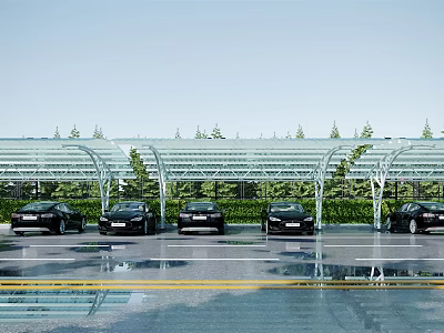 Outdoor Carport Parking Shelter Protecting Black Cars Under Green Trees And Blue Sky 3d model
