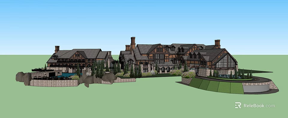 Traditional Rustic Hotel Building With Multiple Gables Chimneys And Lush Greenery 3d model 