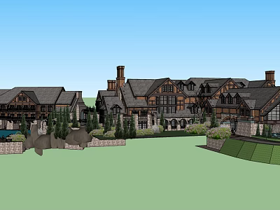 Traditional Rustic Hotel Building With Multiple Gables Chimneys And Lush Greenery 3d model