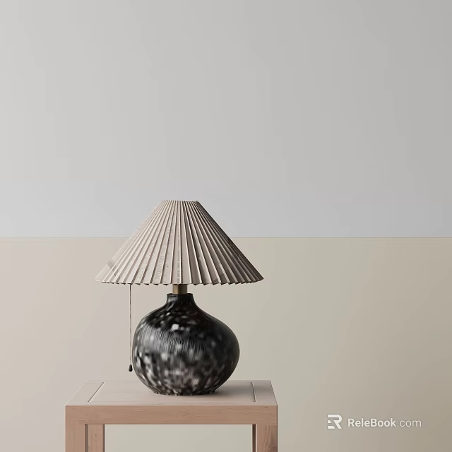 Modern Table Lamp With Pleated Shade And Black Patterned Base On Light Colored Table 3d model