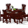 Classic Dark Wood Round Dining Table Set with Four Carved Chairs and Tableware 3d model