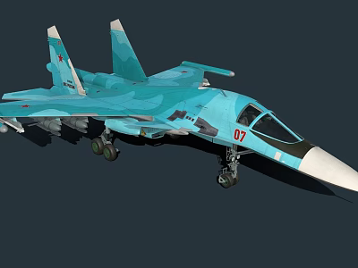 Turquoise Camouflage Fighter Jet With Number 07 Cockpit And Landing Gear 3d model