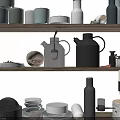 Minimalist Modern Kitchen Shelves With Mugs Jars Kettles Plates And Bowls