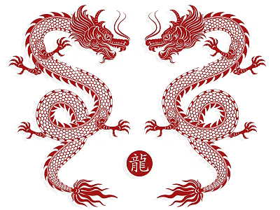 Traditional Chinese Red Dragons Symmetrical Wall Decor With Circular Dragon Character 3d model