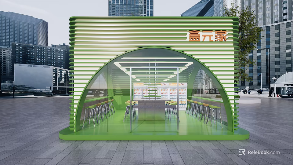 Green Arched Storefront with Red Xiyuan Tea Lettering Interior Tables and Modern Urban Background 3d model 