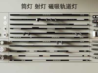 Downlights And Spotlights With Magnetic Track Lights Arranged Neatly On Display Shelf 3d model