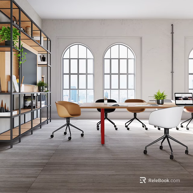 Modern Open Office Interior With Large Windows Wooden Tables Chairs And Green Plants 3d model 