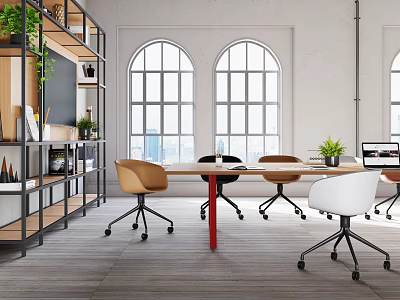 Modern Open Office Interior With Large Windows Wooden Tables Chairs And Green Plants 3d model