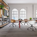 Modern Open Office Interior With Large Windows Wooden Tables Chairs And Green Plants
