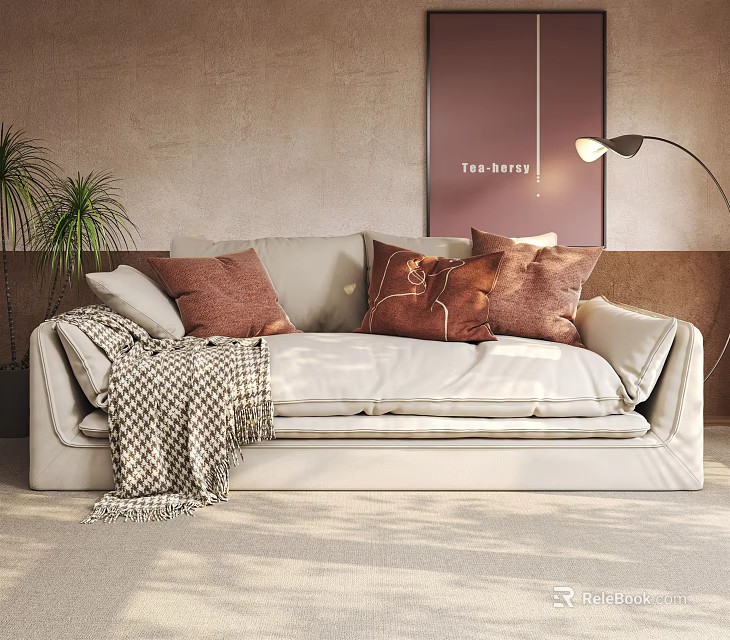 Beige Multi Seater Sofa With Brown Cushions Plaid Blanket Wall Art And Floor Lamp 3d model 