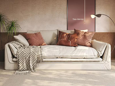 Beige Multi Seater Sofa With Brown Cushions Plaid Blanket Wall Art And Floor Lamp 3d model