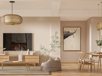 Modern Living Dining Room Interior Design With Wooden Furniture Artwork And Pendant Lights 3d model