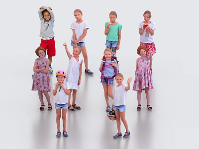 Group of Children Posing Together in Casual Outfits Against White Background With Playful Gestures 3d model