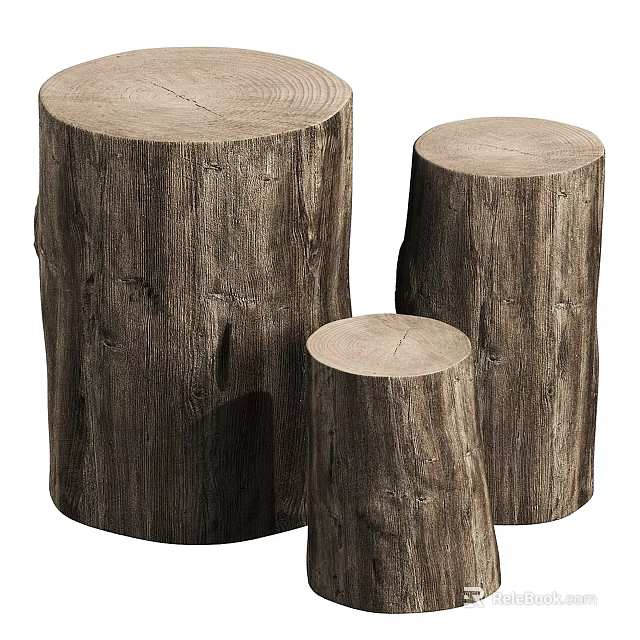 Rustic Wooden Tree Stump Side Tables With Natural Log Texture And Wood Grain Design 3d model 