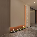 Elevator Hallway With Red White Walls Gray Floor Lighting Decorative Paintings And Plants