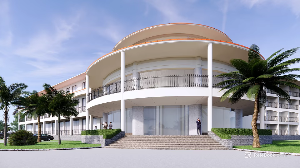 Modern Circular Hotel Building With Orange Roof White Columns Black Railings Palm Trees And Greenery 3d model 