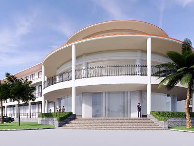Modern Circular Hotel Building With Orange Roof White Columns Black Railings Palm Trees And Greenery 3d model