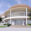 Modern Circular Hotel Building With Orange Roof White Columns Black Railings Palm Trees And Greenery