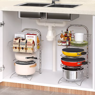 Multi tiered Kitchen Storage Rack For Organizing Pots Dishes And Spice Bottles In Kitchen 3d model
