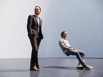Two Men Standing In Suit And Sitting In T shirt Jeans Against Light Blue Wall 3d model