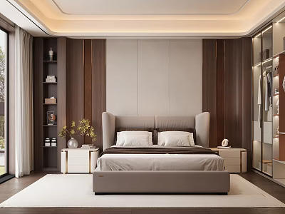 Modern Bedroom Interior With Large Bed Gray Headboard Wooden Walls Bedside Tables And Windows 3d model