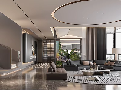 Elegant Modern Living And Dining Room With Leather Sofas Marble Flooring And Warm Ambient Lighting 3d model