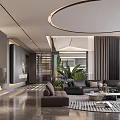 Elegant Modern Living And Dining Room With Leather Sofas Marble Flooring And Warm Ambient Lighting