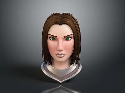 3D Character Head Design With Brown Braided Hair Green Eyes And Silver Armor 3d model