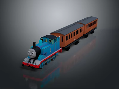 Blue Thomas Toy Train Locomotive with Smiling Face Number 1 and Brown Carriages 3d model