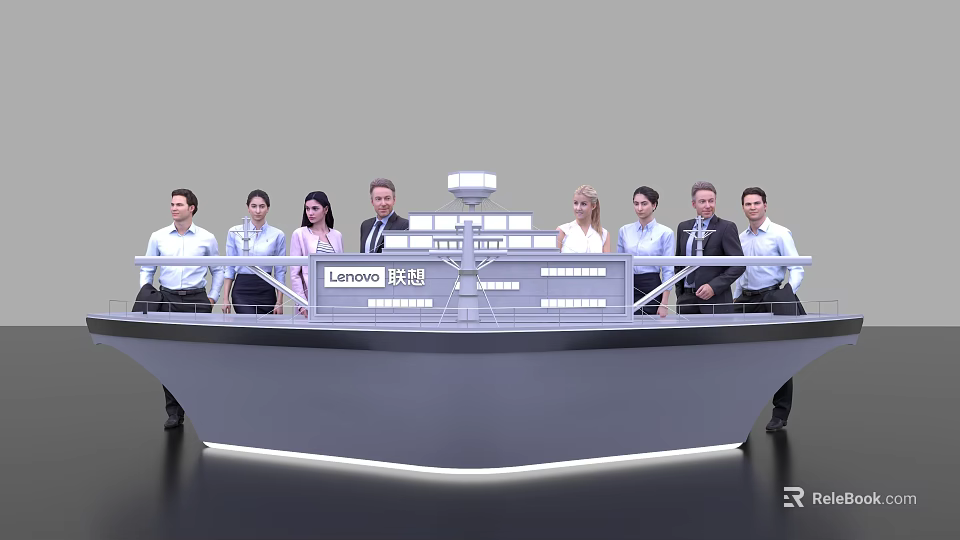 Lenovo Event With Group Of People Standing On Boat Shaped Display Platform 3d model 