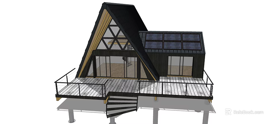 A Frame Wooden House With Solar Panels Large Glass Windows And Wooden Deck 3d model 